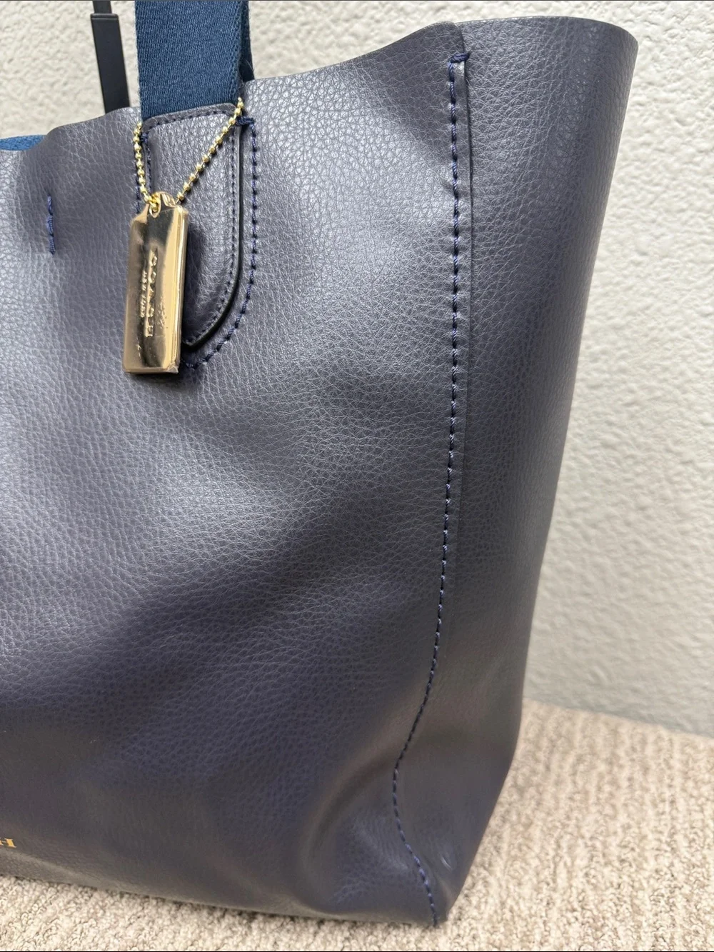 Coach Dark Navy Large Leather Derby Tote with Blue Webbed Handles- NWOT